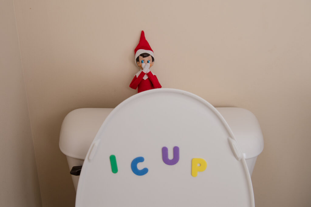 Elf on the Shelf sitting on the back of the toilet ICUP