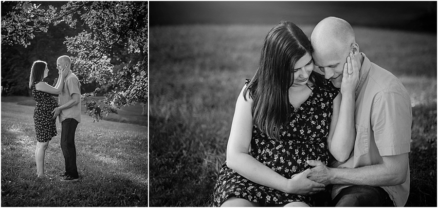 Outdoor maternity couple backlit black and white 