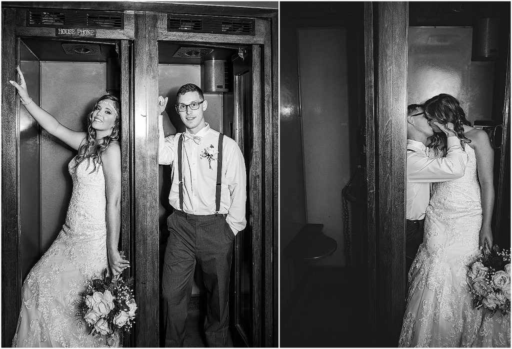 black and white shots of bride and groom in antique phone booth at LAFAYETTE hotel in Marietta, Ohio