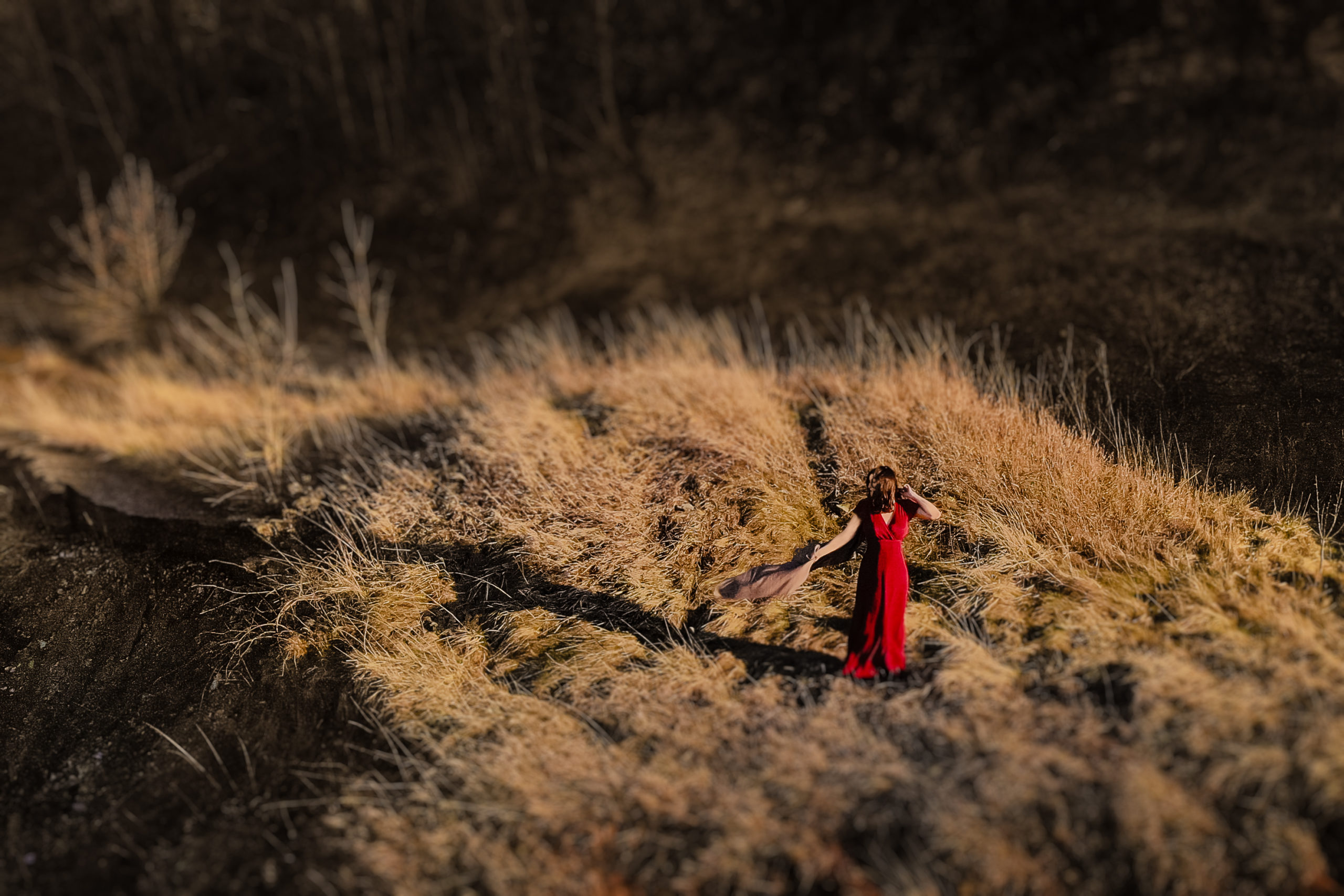 Drone shot of the red maxi dress