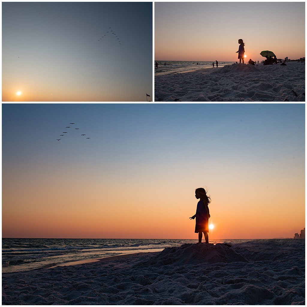 A photo collage of a silhouette of a child playing on the beach, highlighting the breathtaking beauty of sunset.