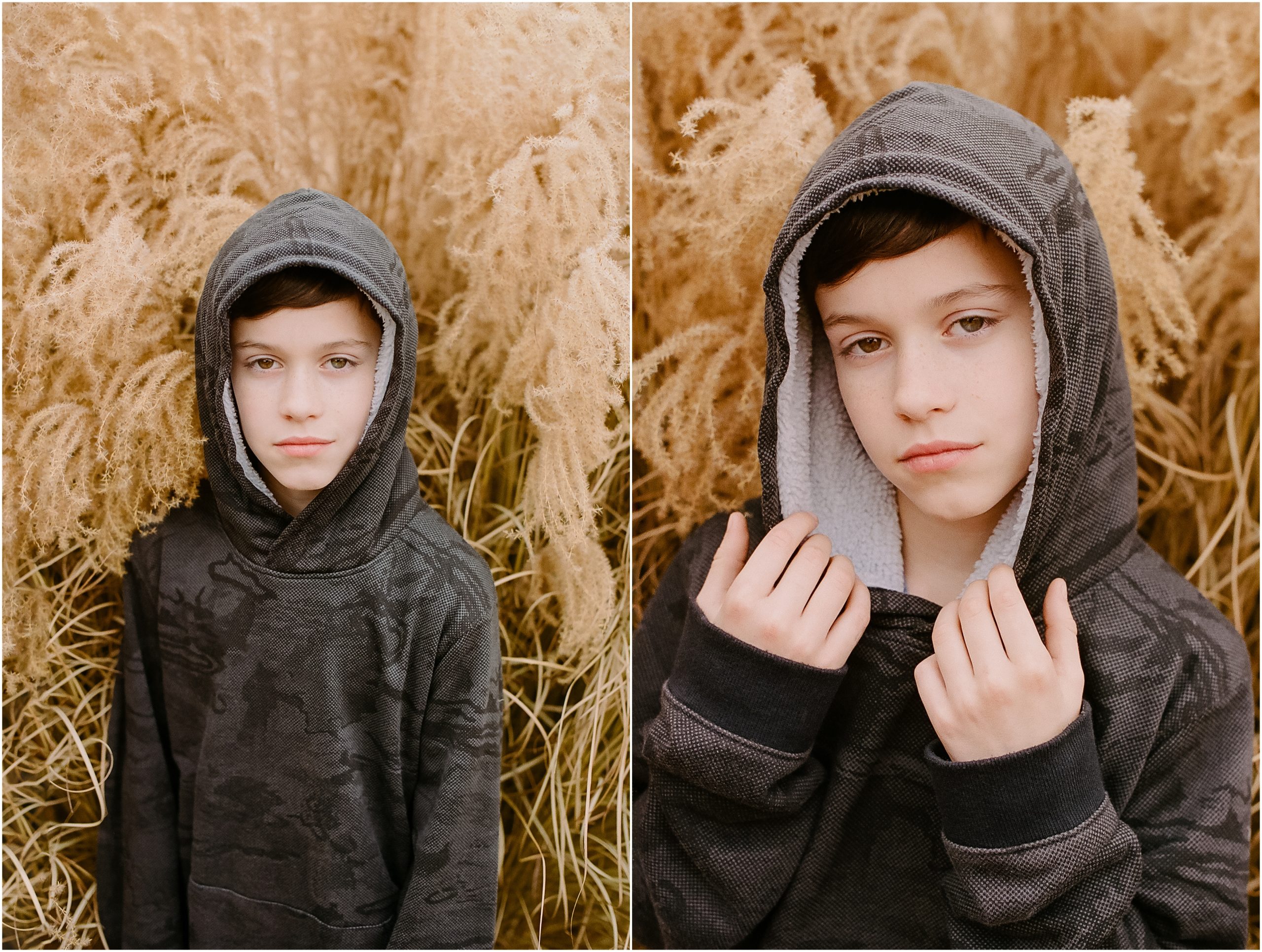 A collage photograph of a young boy dressed in an Under Armour hoodie standing in tall grass and looking at the camera.
