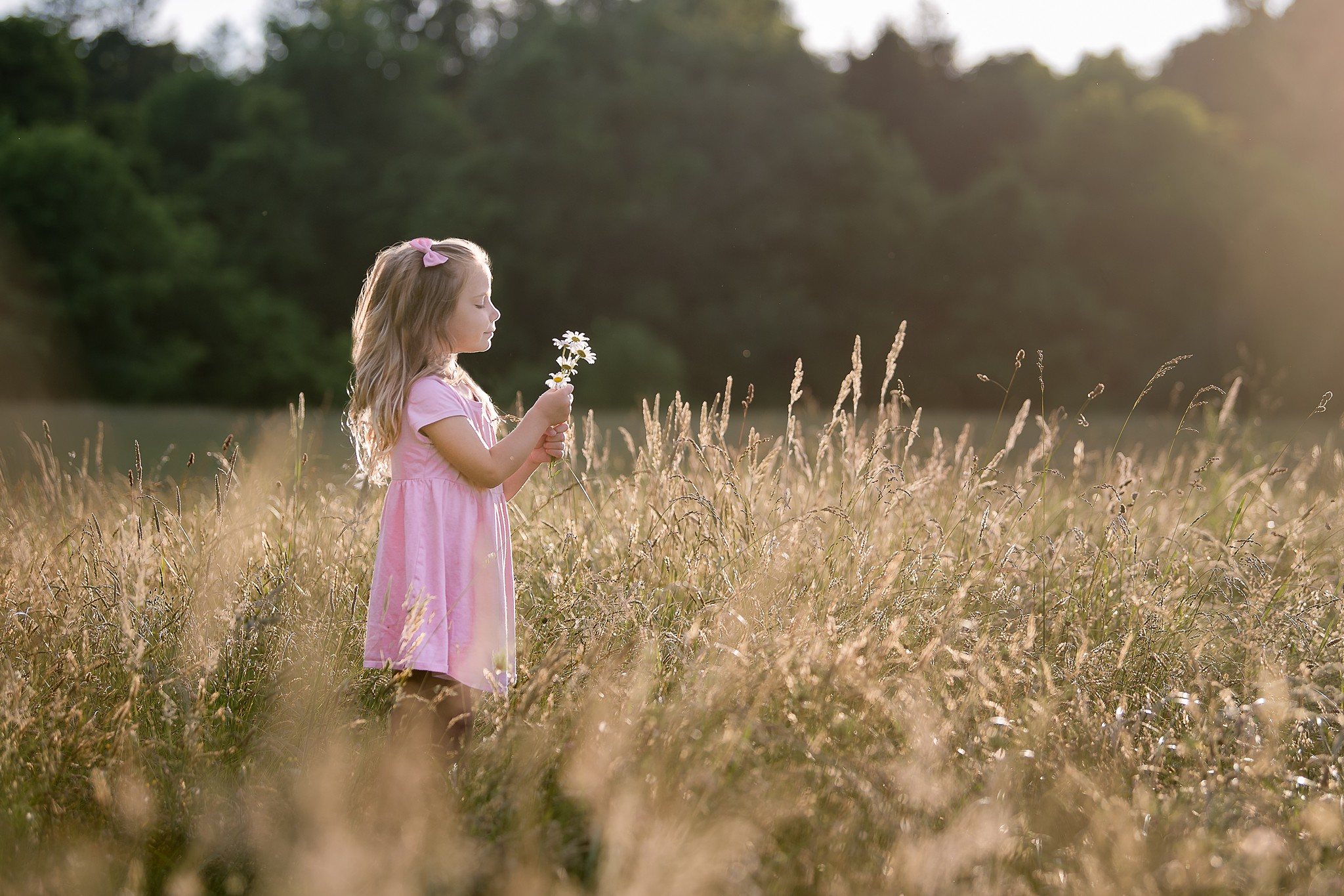 A young girl in a pink dress joyfully holds a delicate flower in her hand as she stands in a wheat field, while the photographer captures this beautiful moment from the side.