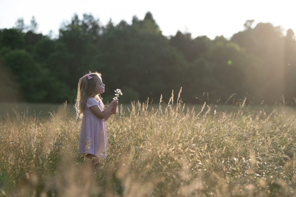 RAW unedited images of backlit little girl in field holding flowers for photographers to see before edit.  Straight out of camera shoot to demonstrate tips for photographers in backlight 