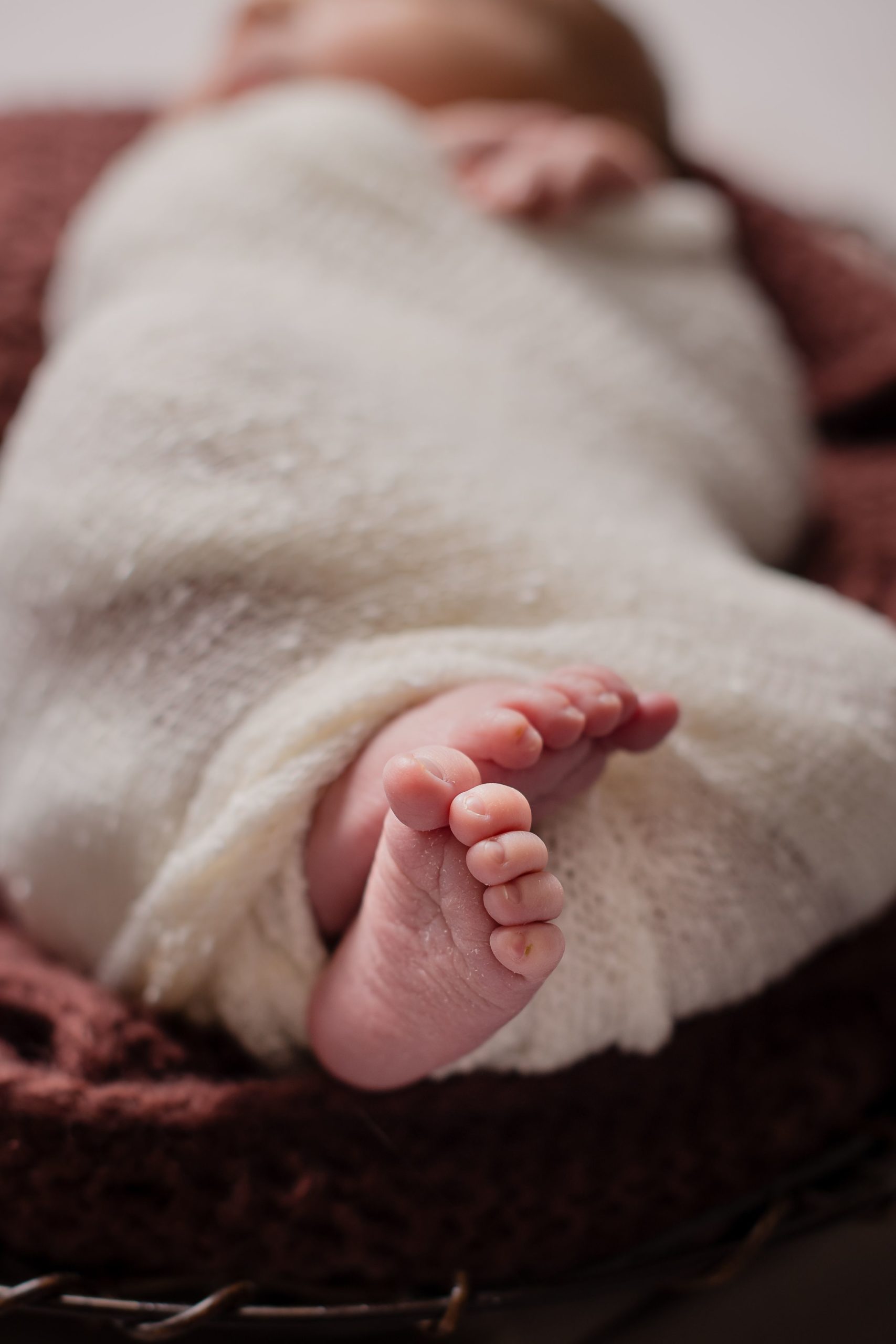 A newborn baby swaddled on a cozy blanket and sleeping soundly as the photographer captures its adorable little toes.