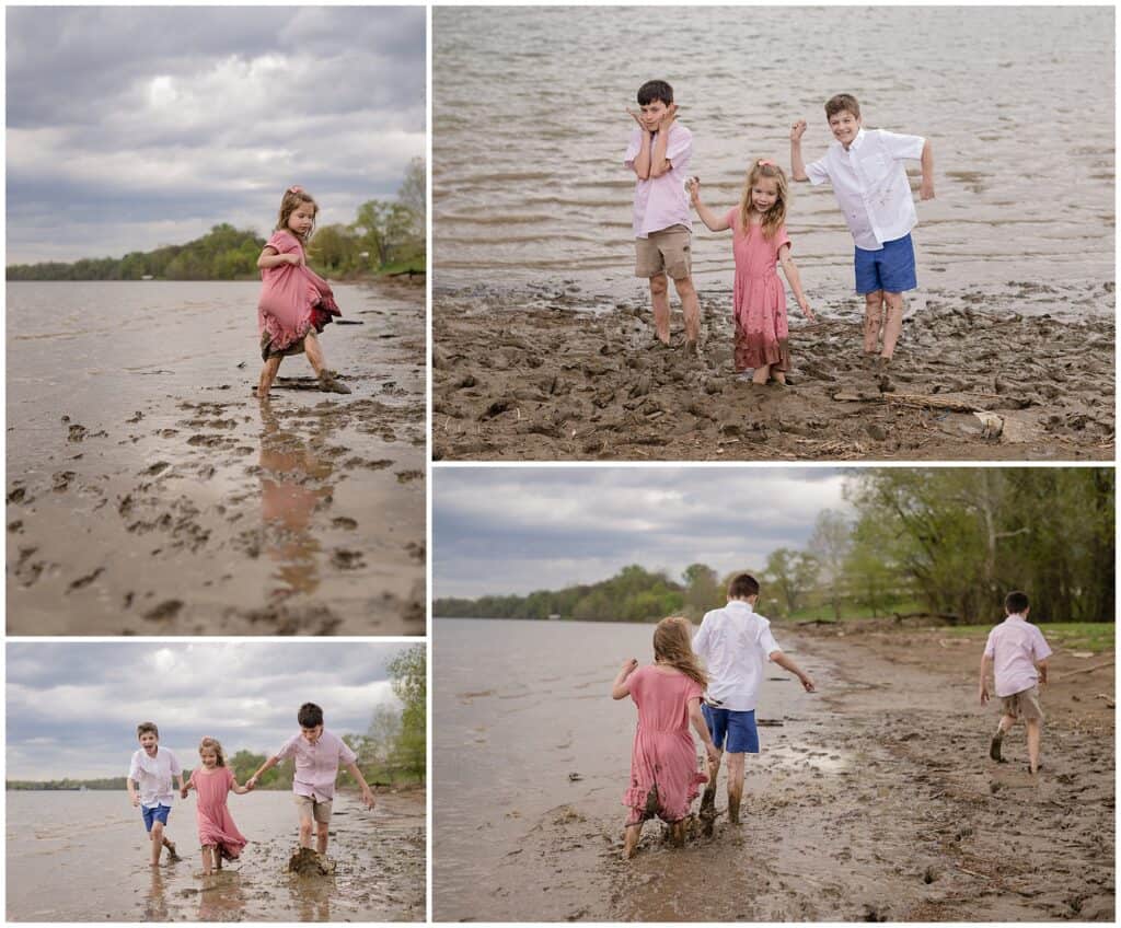collage of siblings playing in muddy water parkersburg wv