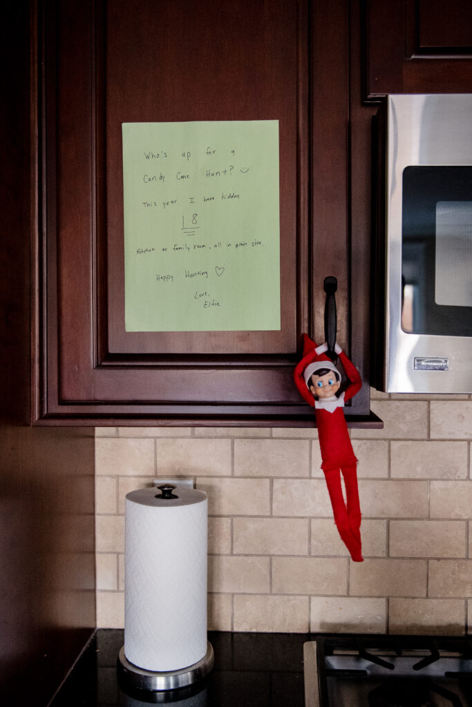 Elf on the Shelf Candy Cane Hunt.  Note reads. who's up for a candy cane hunt?  This year I have hidden 18.  Kitchen or family room, all in plain sight.  Happy Hunting.