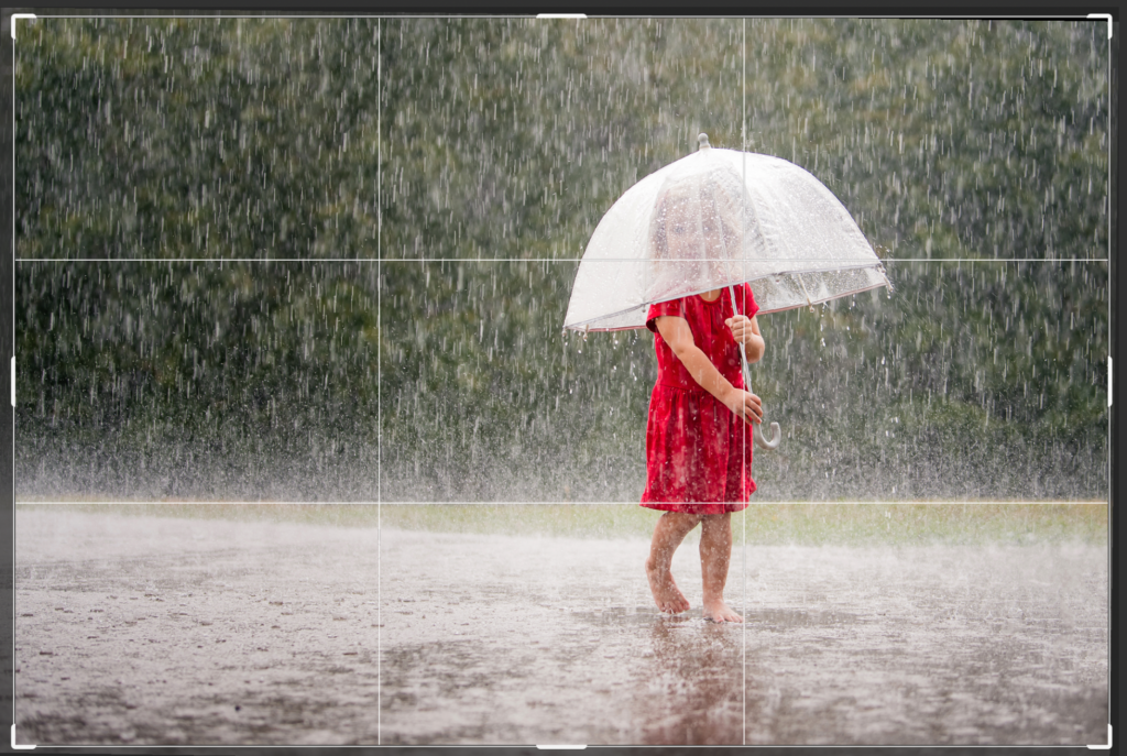 little girl in a red dress playing in the rain with a clear umbrella.  There is a photography grid on the image to show the rule of thirds.