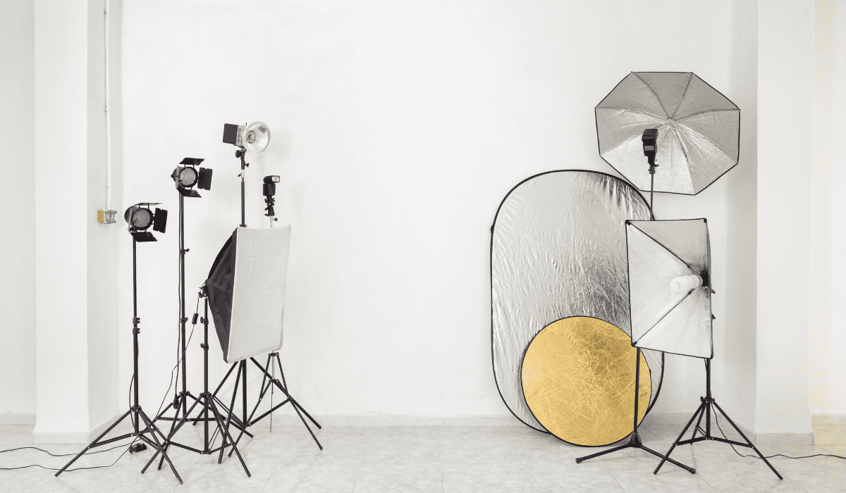 photography studio equipment in a white photography studio
