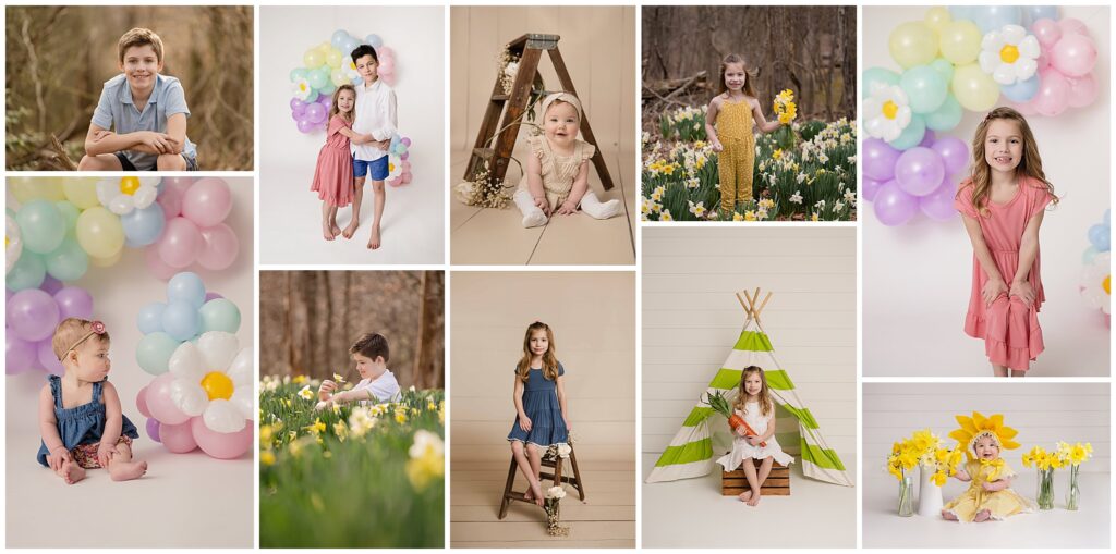 collage of outdoor and studio spring mini session options 